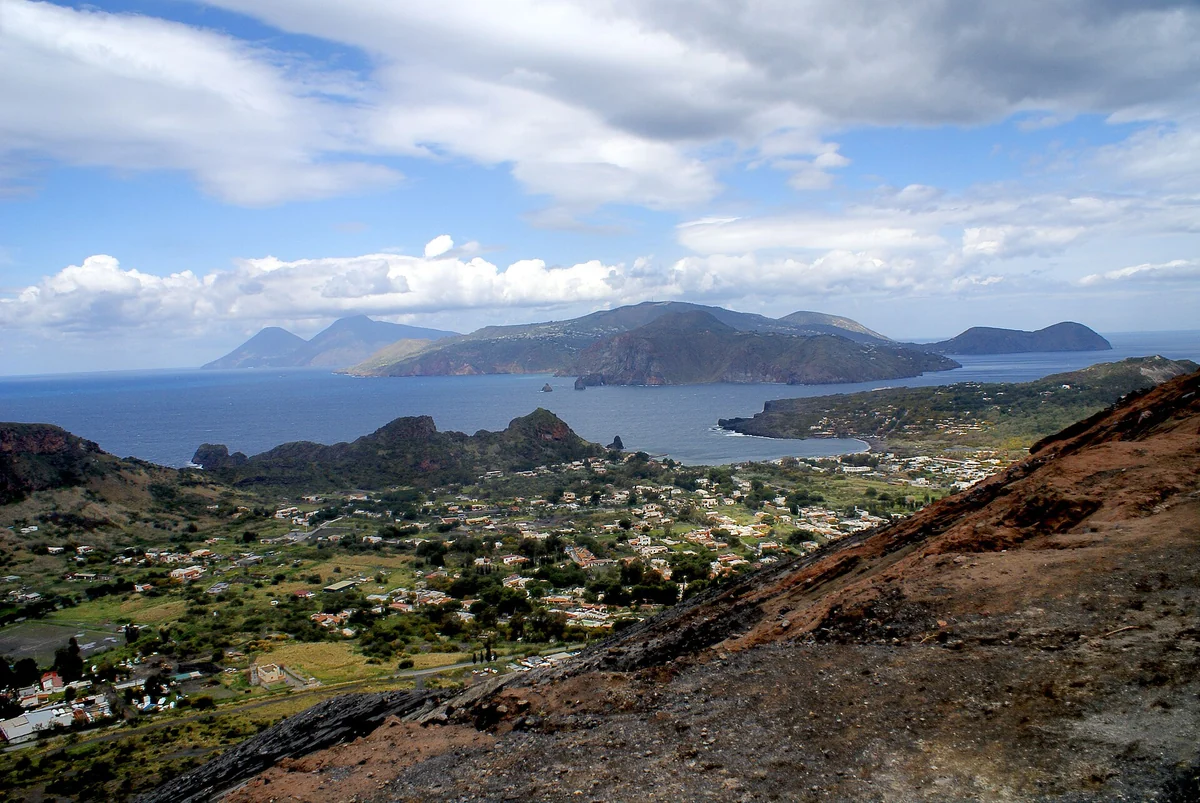 Panorama across the Aeolian Islands with volcanic ridges over the sea, Italy
