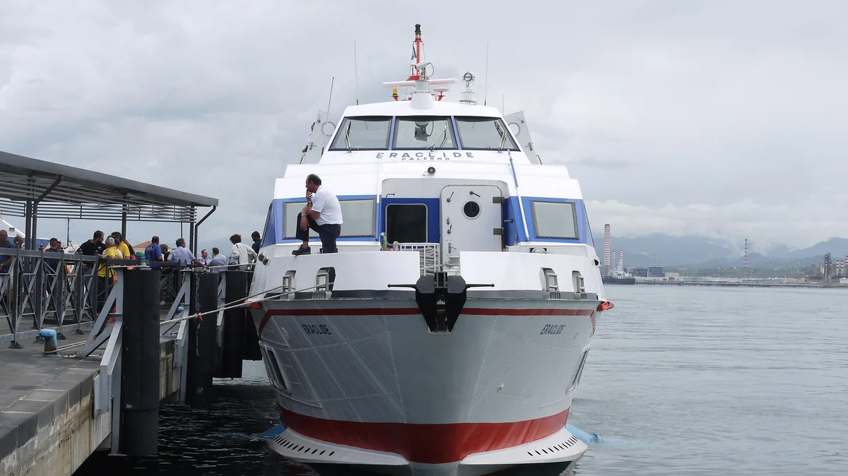 A passenger ferry berthed at Milazzo serving the Aeolian Islands route to Stromboli, Italy