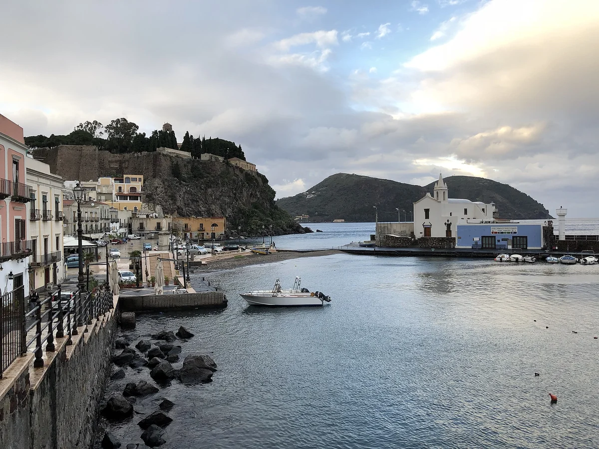 Marina Corta harbour in Lipari town with fishing boats, inter-island hop point for Stromboli, Italy