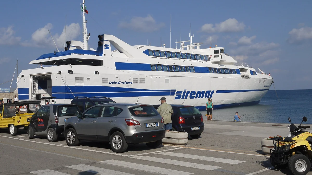 A ferry berthed at Vulcano island on the Aeolian Islands inter-island run, Italy